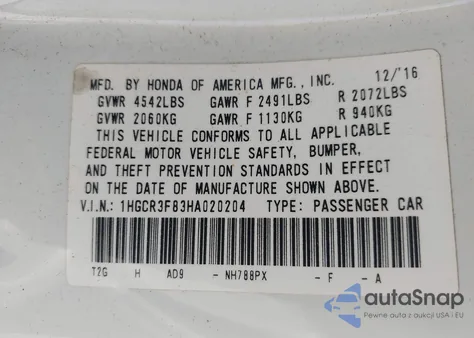 2017 Honda Accord Ex-L V6 из США, поврежденный, VIN 1HGCR3F83HA020204